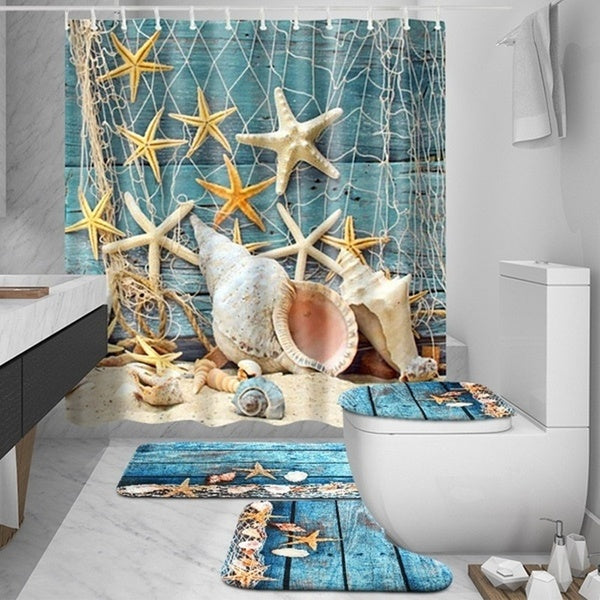 Beach Blue Conch Starfish Print Waterproof Shower Curtain Bathroom Toilet Cover Mat Sets Rugs Bath Mat - Toilet Cover Mat 3PCS-Shower Curtain 1PCS-Fu