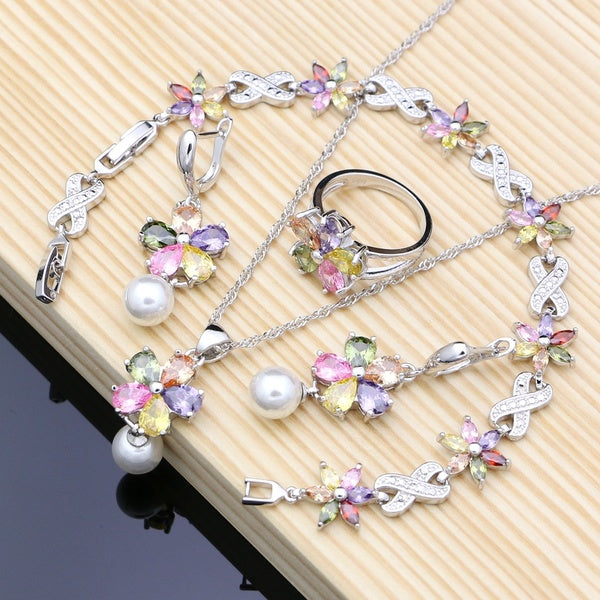Flower Multicolor Topaz White Pearls 925 Silver Jewelry Sets for Women Wedding Earrings-Pendant-Ring-Bracelet-Necklace Set