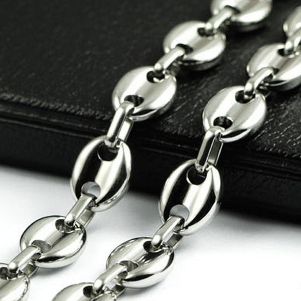 Argent brillant lisse en acier inoxydable bijoux grains de café chaîne collier taille 9mm de large. longueur choisir 18 ''-32 pouces