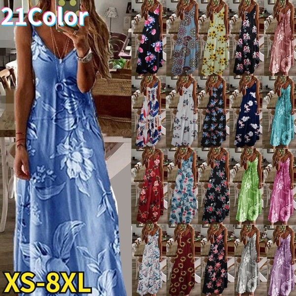 women's Fashion Summer Sleeveless Floral Printing Sling Dress Deep V-Neck Slim Fit Big Swing Skirts Loose Casual Long Maxi Dresses Ladies Plus Size P
