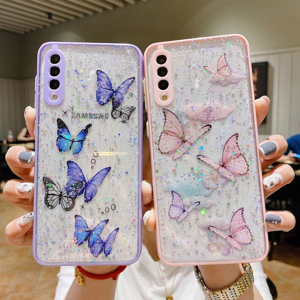 Bling Glitter Butterfly Phone Case Pour Samsung Galaxy S21 Ultra S21 S20 Ultra A52 5Gg A32 A71 A72 A42 A21 A21s A12 A31 A41 A50 S20 Fe Clear Transpar