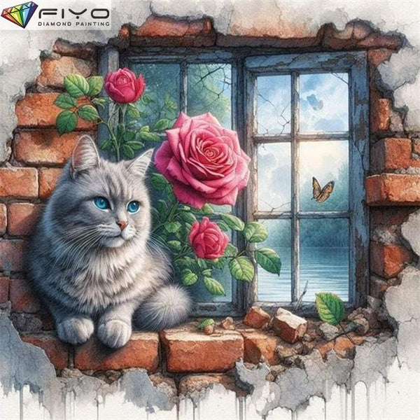 FIYO Cat on The Windowsill DIY 5D Diamond Painting Full Drill with Number Kits Home and Kitchen Fashion Mosaic Diamond Painting Canvas Wall Decoratio