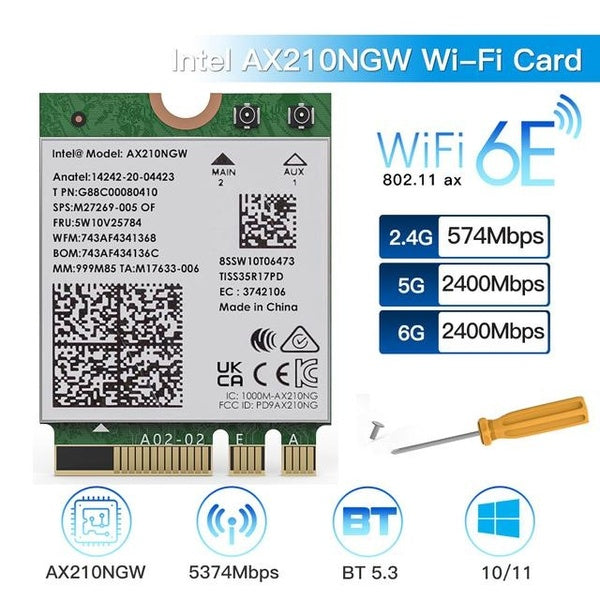WAVLINK WiFi 6E Wireless Card, Intel AX210 Tri-Band 5400Mbps 2.4GHz-5GHz-6GHz Network Adapter with Bluetooth 5.3 for Laptop, Ultra-Low Latency, Suppo