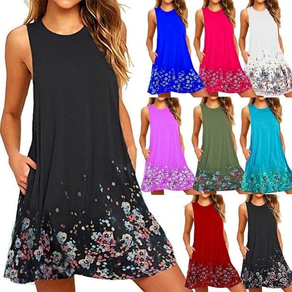 Elegant Girl Must-have XS-6XL Womens Fashion Clothing Floral Dreess for Women Casual Deep V-neck Solid Color Loose Sleeveless Beach Tank Top A-line D