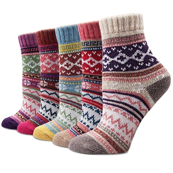 Women Wool Socks for Hiking Warm Thick Winter Thermal Boot Cozy Cabin Crew Ladies Fashion Casual National Style Socks 1-5 Pairs