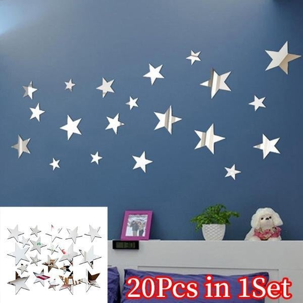 20Pcs in 1Set Fashion Living Room Acrylic Mirror 3D Stereo Star-Shaped Wall Stickers Mural Wall Decoration
