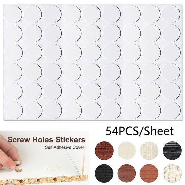 54PCS(1 Sheet) Wood Furniture Screw Hole Cover PVC Stickers Textured Plastic Dustproof Self Adhesive Stickers for Cabinet-Shelf-Table-Desk