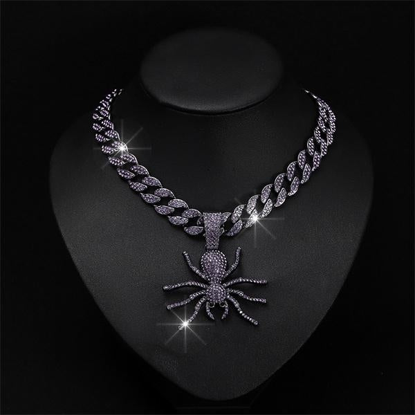 Punk Luxury Rhinestone Purple Spider Pendant Necklace for Women Men 15mm Hip Hop Iced Out Cuban Link Cuban Chain Necklace Charm Jewelry Accessories F Matron Inn