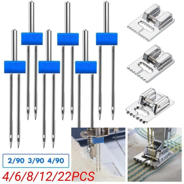 4-6-8-12-22pcs Sewing Machine Twin Needle Double Stretch Twin Needle Pins with 5-7-9 Groove Pintuck Presser Foot for Household Sewing Machine Accesso