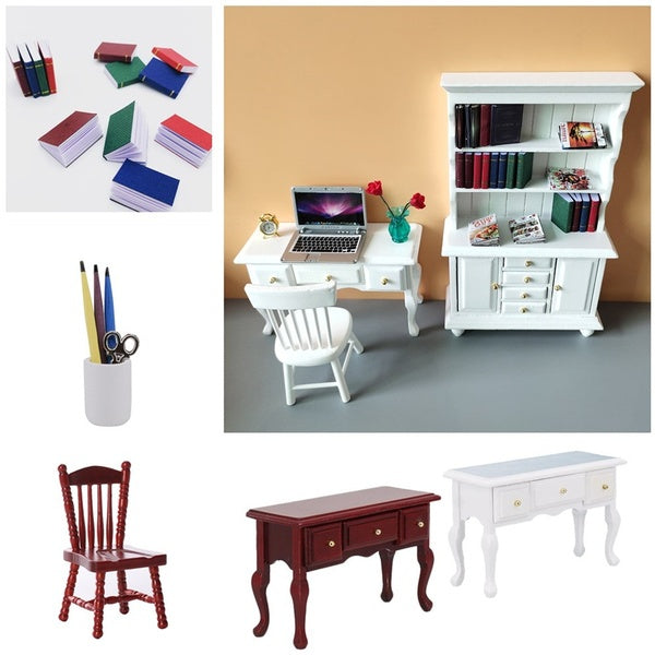 1:12 Dollhouse Study Room Accessories Mini Bookcase-Desk-Chair-Books-Magazines Dollhouse Study Room Miniatures Collection