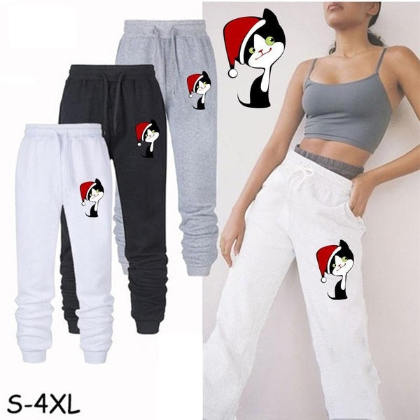 Cute Women Sweat Pants Cartoon Christmas Cat Printed Women Sweatpants Cotton Long Pants Jogger Trousers Womens Casual Sports Fitness Solid Jogging Pa