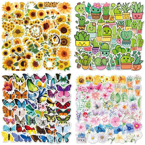 4 Kinds Waterproof PET Stickers, Mixed Nature Vinyl Sticker Butterfly Sunflower Cactus Aesthetic Flower for Laptop Water Bottles Scrapbooking Handicr