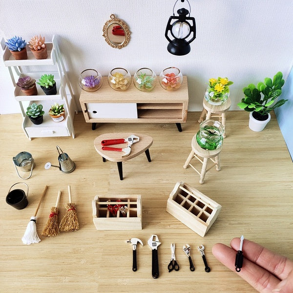 Dollhouse Accessories Mini Hammer Wrench Tools-Brooms-Mop-Watering Can-Plant 1:12 Scale Miniatures Collection Kids Toy