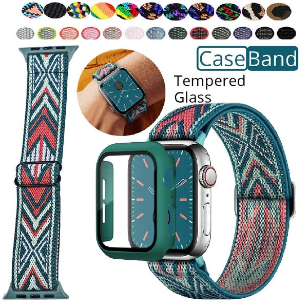 Tempered Glass case Strap for Apple Watch Band 7 6 SE 45 mm 41mm 44mm 40mm 42mm 38mm Screen protector Nylon Scrunchie Elastic sport Single Loop Brace