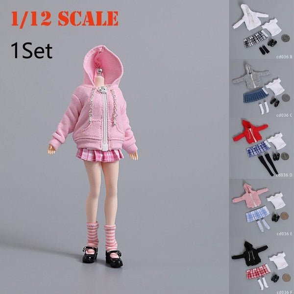 1Pcs 1-12 Scale Sweater Pleated Skirt Set with T-shirt & Socks & Shoes Fit 6 inch Action Figure Doll Clothing Accessories
