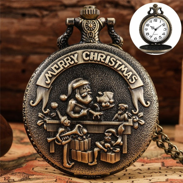Antique Joyeux Noël Père Noël Hommes Femmes Quartz Analogique Montre De Poche Chiffre Arabe avec Collier Chaîne Cadeau De Noël