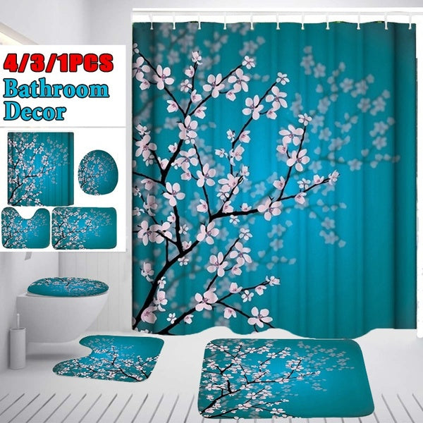 3D Plum Blossom Printing Waterproof Bathroom Shower Curtain Toilet Cover Mat Non-Slip Floor Mat Rug Bathroom Set with 12 Hooks