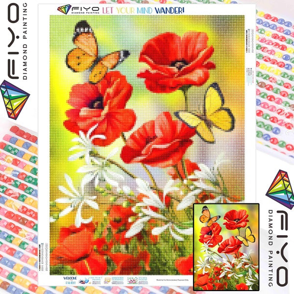 FIYO Butterflies and Red Flowers Diamond Painting Kits For Adults DIY 5D Diamond Mosaic Diamond Painting Home and Kitchen Fashion Canvas Pictures Wal