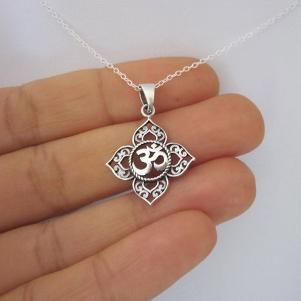 Filigree OHM OM AUM Buddha Lotus silver pendant necklace, Buddhist, yoga necklace
