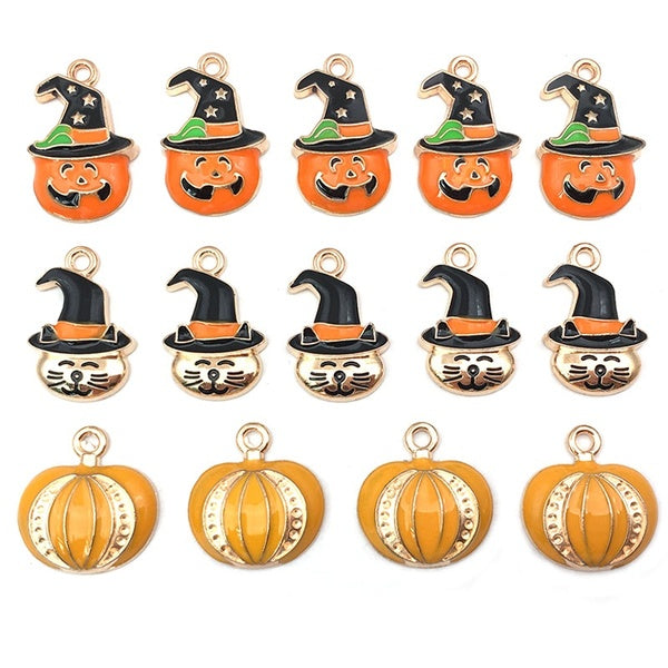 30PCS Enamel Halloween Charms Mixed Small Witch Hat Pumpkin Charms For DIY Alloy Pendant Jewelry Making Accessory