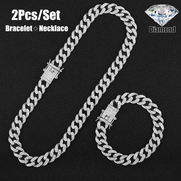 Fashion Jewelry Set 13MM Width Iced Out BlingBling Diamond Miami Cuban Link Chain Choker Necklace & Bracelet for Men and Women Hip Hop Gift