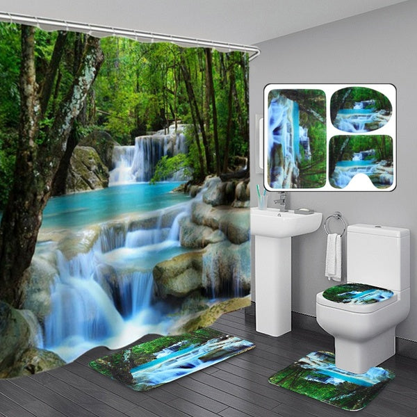 4-3-1Pcs Bathroom Set 3D Waterfall Scenery Waterproof Shower Curtain Anti-slip Bath Mats Carpets Pedestal Rugs Toilet Seat Cover
