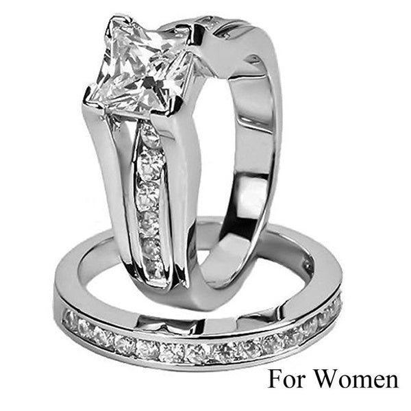 His and Hers Fashion 316L Stainless Steel & Titanium Princess Engagement Wedding Band Ring Jewelry Set Seeds