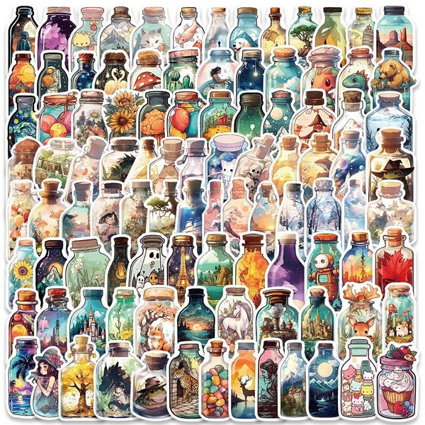 100pcs Cute Cartoon Fancy World in the Bottle Anime Stickers Pack For Laptop Phone Guitar Luggage DIY Waterproof Graffiti Skateboard Car Vinyl Decals