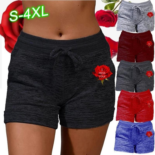 Trendy Summer Short Pants for Women Rose pattern Printed Bottoming Quick-drying Shorts Yoga Pants Casual Sports High Waist Drawstring Stretch Shorts