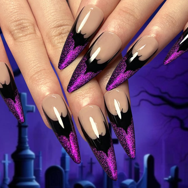 24pc Bat Halloween False Nails Glitter Purple French Tip Long Press On Nails Acrylic Black False Nail Full Cover Wearable Nails