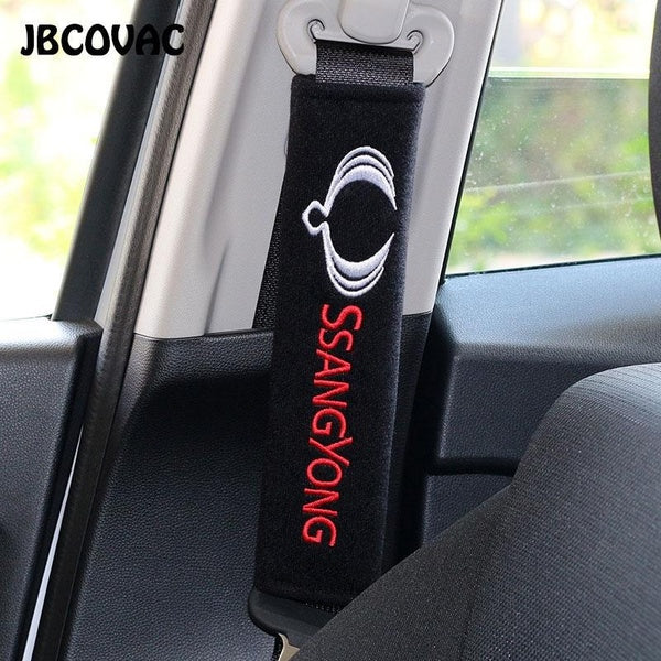 HEJANY 2PCS-LOT Car Styling Seat Belt Cover Auto Cotton Shoulder Pads Decoration And Protection Interior Accessories Case For Ssangyong Emblem Sticke