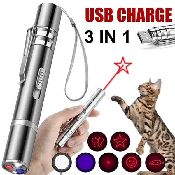 Cat Laser Toy USB Charging LED Light Pointer Rechargeable Torch UV Flashlight Pen 5 Patterns Laser Pen Cat Toys Cat Accessories