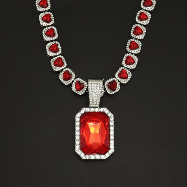 Fashion Luxury Red Peach Heart Rhinestone Cuban Chain Necklace with Red Diamond Pendant for Men Women Hip Hop Jewellery