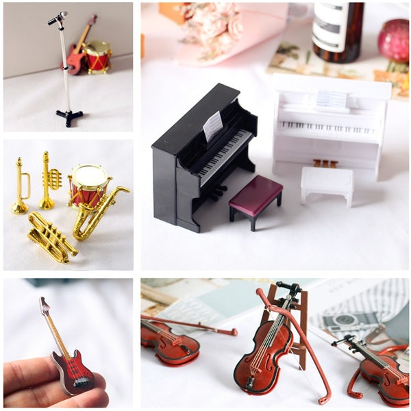 1: 12 Doll House Mini Musical Instrument Model Trumpet-Guitar-Violin-Microphone Stand-Piano Miniatures Scene Kids Toy