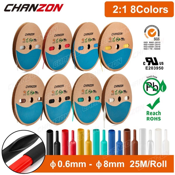 25M 2:1 8 Colors Heat Shrink Tubing Heated Shrinking Wrap Tube Hose Wire Protector Polyolefin Heat-Shrink Long Cable Sleeve Cord Inside Diameter 0.6-