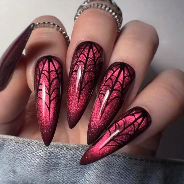 Red Press on Nails Long Stiletto Fake Nails Spider Web Designs Red Cat's Eyes False Nails Tips Women Party Charms Manicure