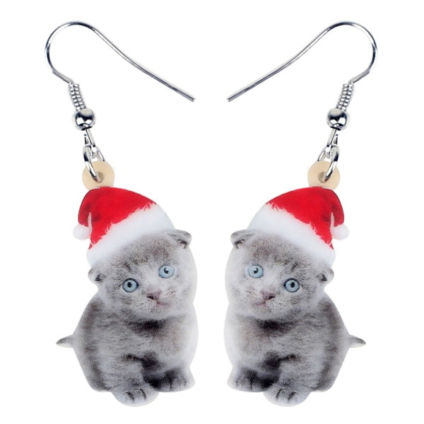 Acrylic Christmas Sweet Grey Cat Kitten Earrings Drop Dangle Anime Pets Women Girl Teen Kid Festival Birthday Charms Gift