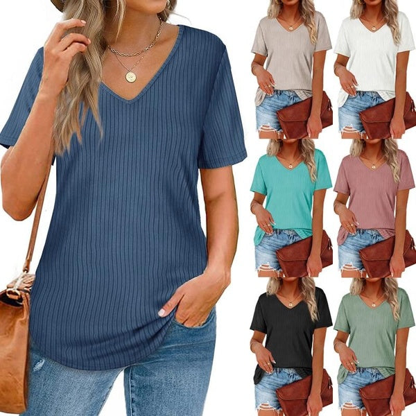 Women's Fashion Casual V-neck Short Sleeve T-shirt Summer Pit Stripe T Shirts Ladies Loose Blouses Tops