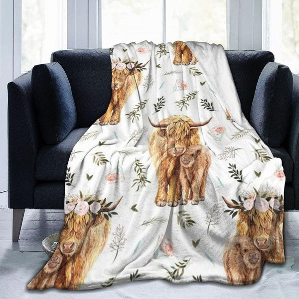 Fleece Blankets Pink Spring Highland Cow Floral Flannel Throw Blanket Super Soft Warm for Bed Couch Living Room