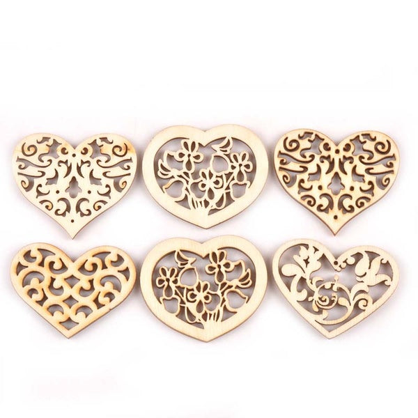 12 pièces en bois naturel percé coeur Arts pour la décoration de fête de mariage à la main Scrapbooking artisanat bricolage accessoires ornement MT21