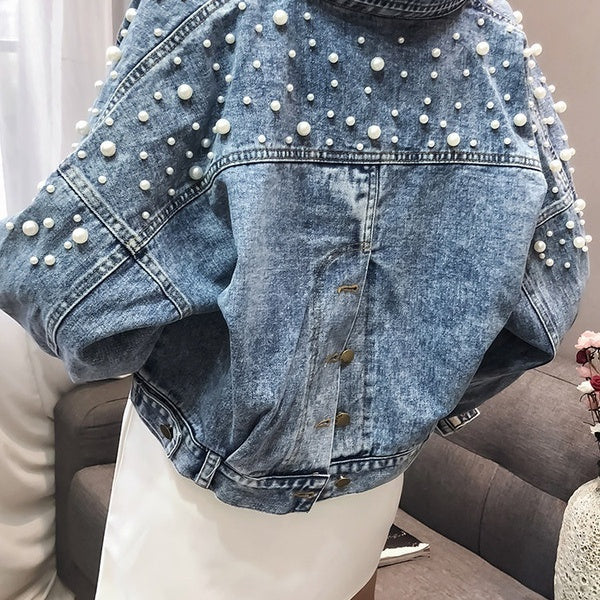 Pearl Beading Short Denim Jackets Women Wash Vintage Casual Jean Jacket Denim Coat Women Jeans Coat Plus Size