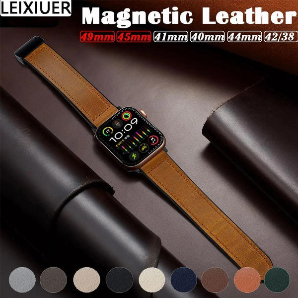 LEIXIUER Genuine Leather+Silicone Band for SmartWatch Ultra 2-Ultra 49mm 9 8 7 41mm 45mm 44mm 40mm 38mm 42mm 44mm Magnetic Buckle Belt Strap Wristban