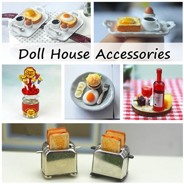 Dollhouse Miniatures Mini Lollipop-Wine Cake-Breakfast Plate-Bread Machine Small Doll House Accessories
