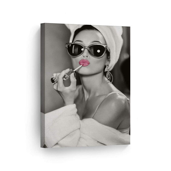 Audrey Hepburn Wall Art Makeup Pink Lipstick CANVAS PRINT Iconic Pop Art Pretty Beauty Black and White Home Decor Artwork Gallery Stretched and Ready