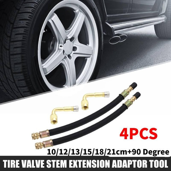 4pcs Tire Valve Stem Extension Tool 21-18-15-13-12-10cm Dual Valve Stem Extender Pipes and 90 Degree Adapters for Car Truck Motorcycle Bike Trailer R