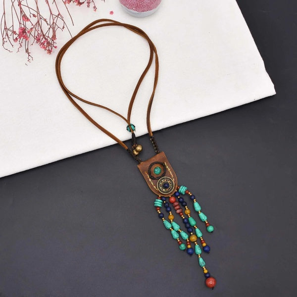 Tibétain Ethnique Cuir Turquoise Pendentif Collier Bohème Vêtements Traditionnels Choker Bijoux
