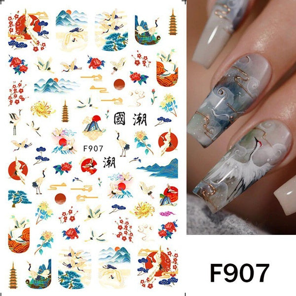 3D Chinese Character Nail Stickers Bamboo Leaf Ink Flower Slider Classical Red-crowned Crane Lotus Decal Design Manicure CHF907