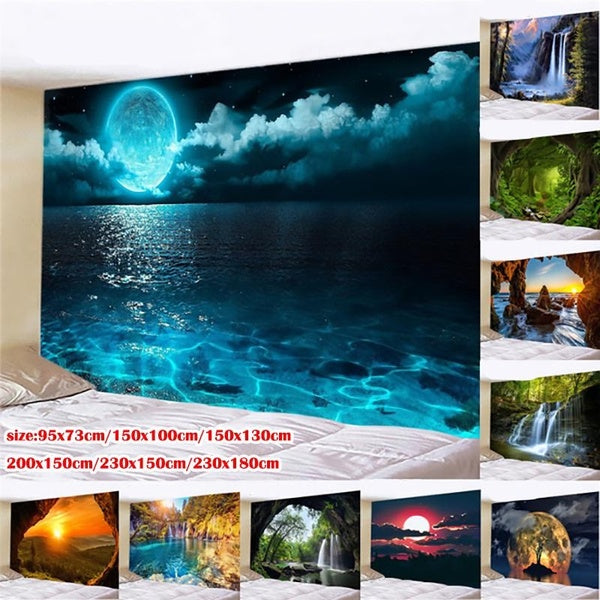 Coast Beach Scenery Tapestry Wall Art Tapestry Sunset Moon Poster Living Room Bedroom Decoration Curtains Tapestry Wall Hanging Big Bohemian Tapestry