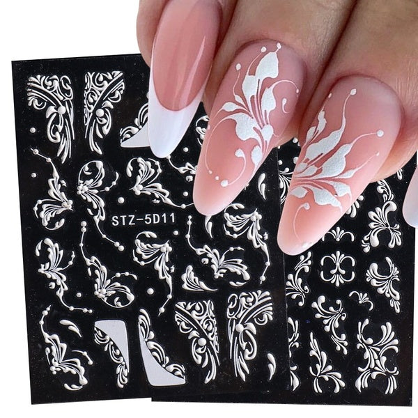 5D Embossed Nail Stickers White Lace Flowers Nail Art Decals Foils Sliders Winter Decorations Gel Polish Manicure TRSTZ5D09-16