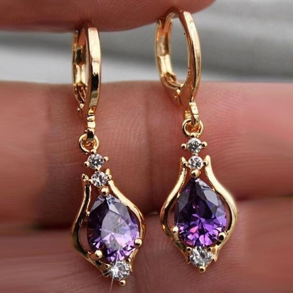 Boucles d'oreilles pendantes en zircon cubique violet plaqué or Boucles d'oreilles vintage pour femmes Boucles d'oreilles en forme de goutte multicol
